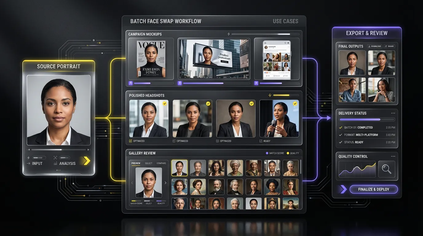 Visualização de painel mostrando resultados de face swap em lote com pontuações de qualidade e status de revisão.