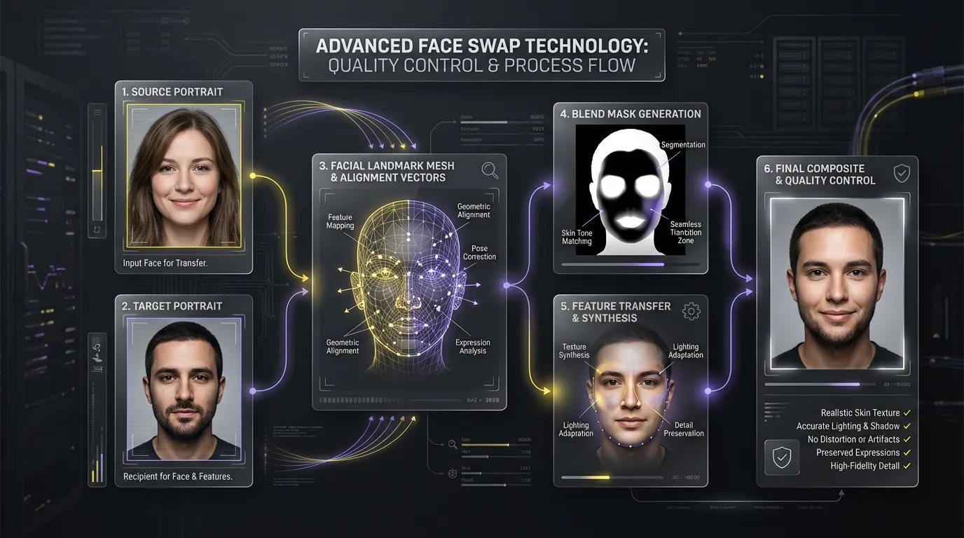 Infográfico editorial mostrando retratos de origem e destino, malhas de pontos de referência, máscaras de mistura e um painel final de revisão de qualidade.