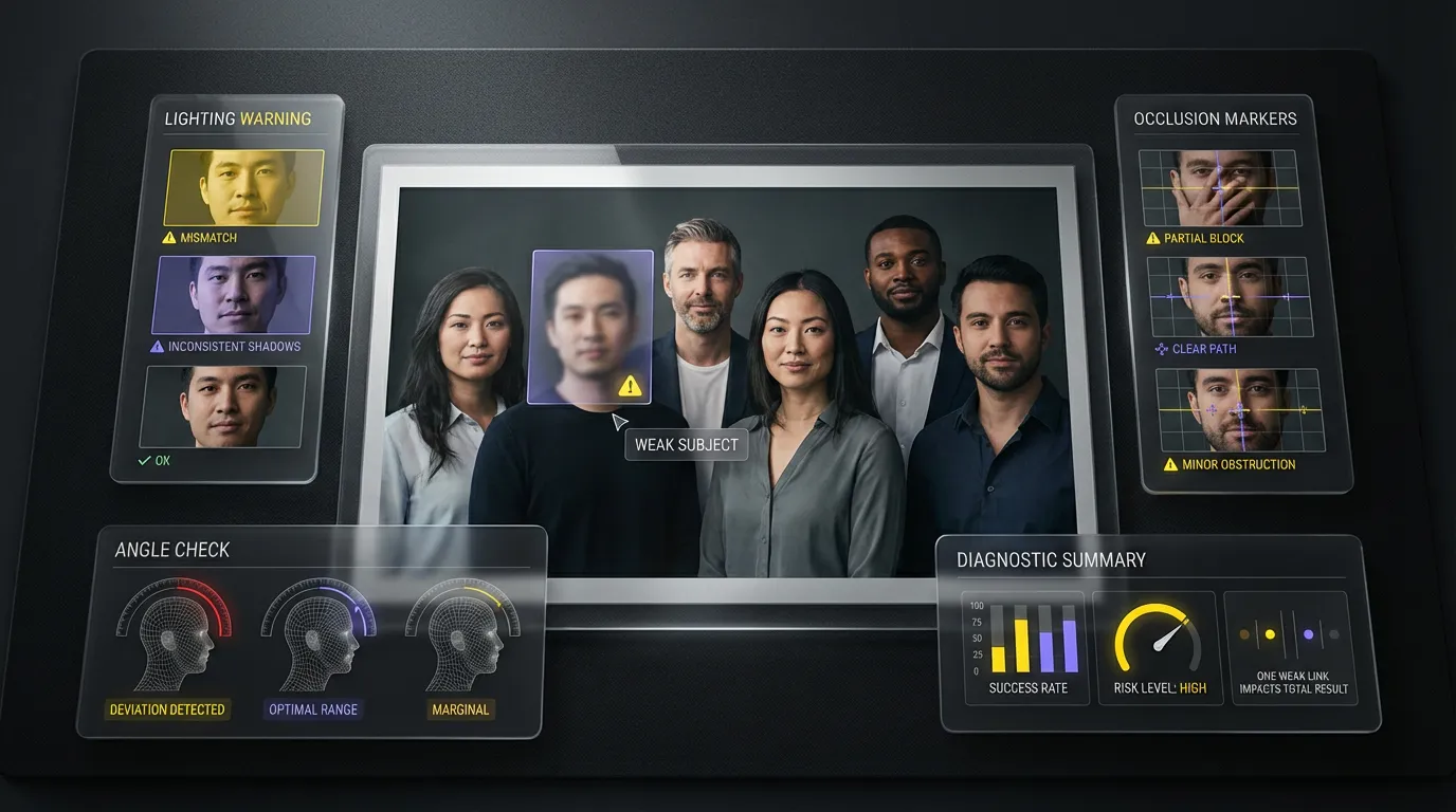 Painel de qualidade comparando resultados de face swap múltiplo com variações de iluminação e ângulo.