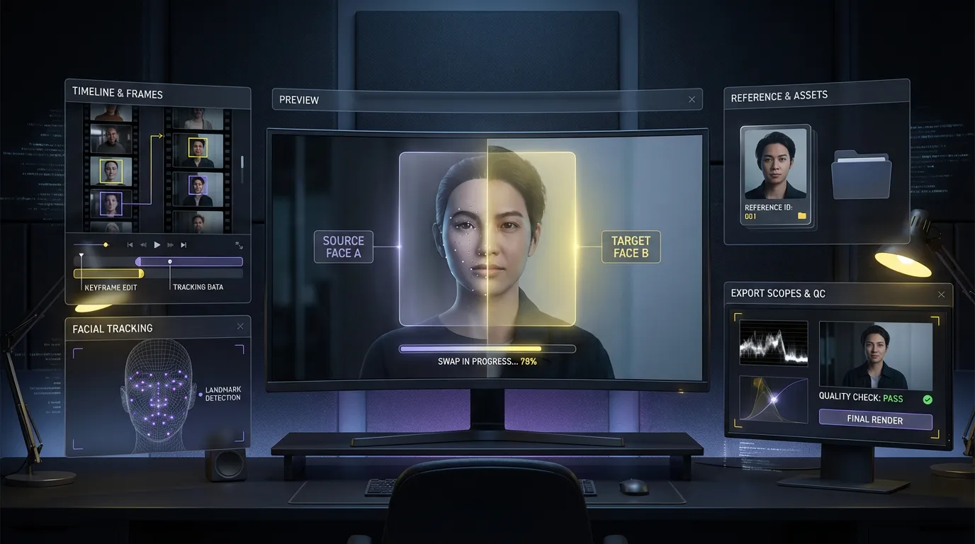 Visualização de suíte de edição mostrando face swap em vídeo com rastreamento de movimento e controles de mistura.
