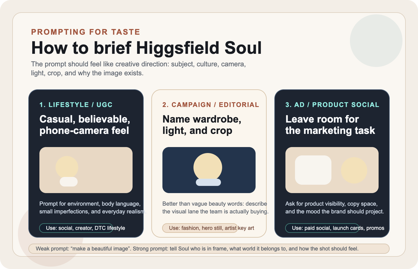 Esquema de prompting para Higgsfield Soul con prompts de lifestyle, editorial y publicidad