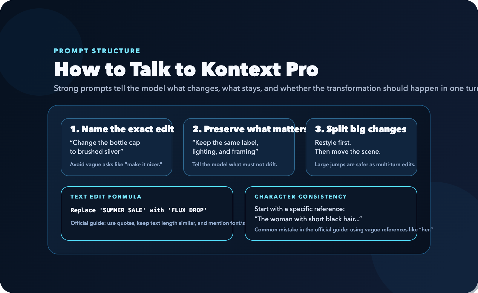 Panel de framework de prompts para reemplazo de texto, consistencia de personaje y transformaciones de estilo por pasos