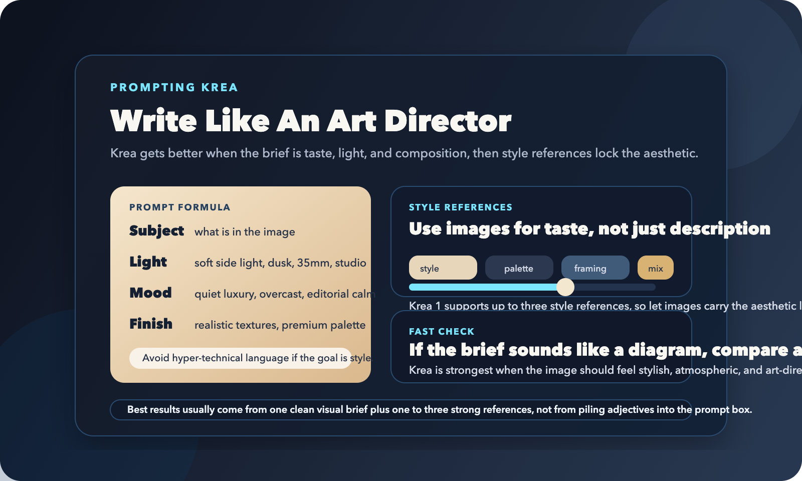 Esquema que muestra cómo combinar prompt, palabras de mood, iluminación y style references en Krea